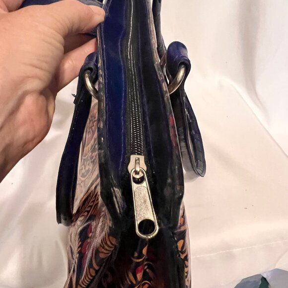 Shantiniketan Leather Indian Shoulder/Tote-Exclusive Batik Design Ethnic-Tan/Blu - Picture 13 of 16